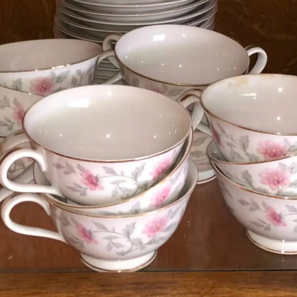 Footed Cup & Saucer Set Shalimar by Valmont China Pink Flowers Gray Stems SHABBY
